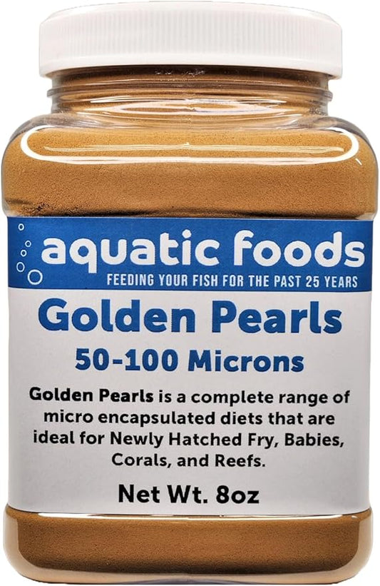Golden Pearls 50-100 Micron Powder New Fry, Babies of Shrimp, Axolotls, Discus, Cichlids, Catfish, Tetras, Angel Fish, Guppies, Bettas, Goldfish, Corals, Reefs …8oz Small Jar