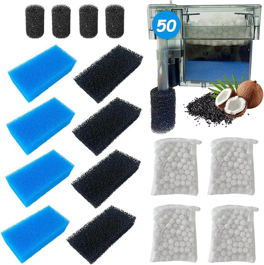 SHIGATSU 4 Set Replacement Aquarium Maintenance Kit for AquaClear 50 Power Filter, Includes Aquarium Foam Insert, Carbon Sponge, Bio Media and Pre-Filter Sponge