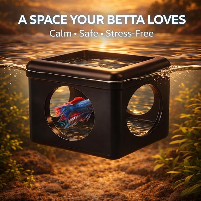 Black Floating Betta Fish Hideout with Round Holes & Window – Floating Cave Hammock, Feeding Platform & Resting Tunnel – Betta Fish Shelter for Nano Tanks, Bowls & Small Aquariums