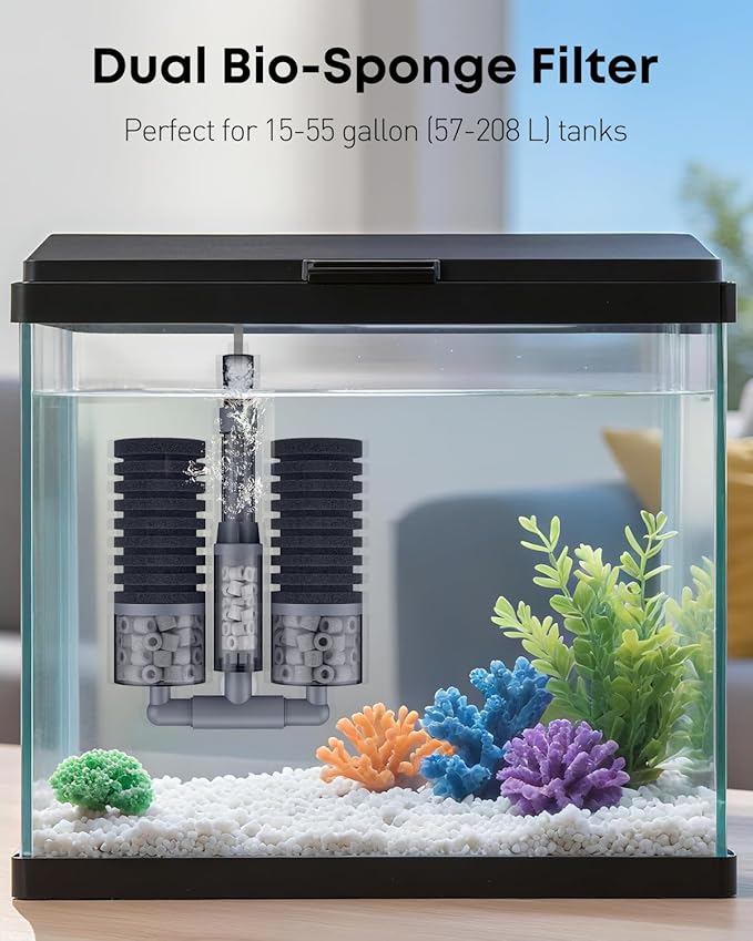 Pawfly Aquarium Sponge Filter, Fish Tank Filter, Submersible Small Aquarium Filter with Double Foams & Ceramic Rings, Quiet Bio Sponge Filter for 15-55 Gallon Tanks(Air Pump Not Included)