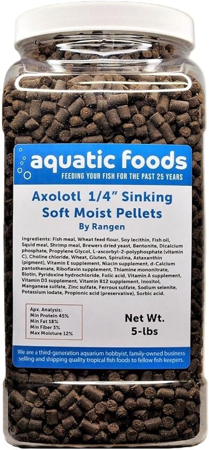 Axolotl Food 1/4" Soft Moist Sinking Salmon Pellets for Adult Axolotl Also Shrimp, Snails, Crabs, Crayfish, Bottom Tropical Fish...5-lb Lg Jar