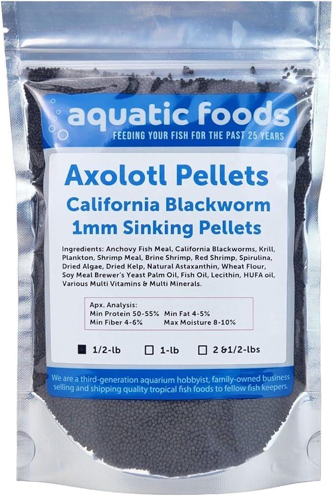 Axolotl Blackworm Pellets. 1mm-1/32 Sinking California Blackworm Micro Pellets for Baby Axolotl, Frogs, Shrimp, Salamanders, Newts, Snails…1/2-lb Pouch Bag