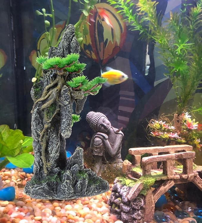 Tall Aquarium Decor Mountain View with Tree & Cave 13.8inch, Large Fish Tank Decoration, Artificial Resin Rock Mountain Betta Fish Tank Ornament for Goldfish Cichlid Shrimp Hiding Playing