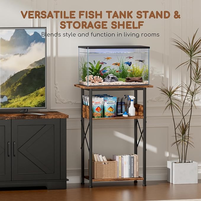 10 Gallon Fish Tank Stand with Storage Shelves, 3-Tier Aquarium Stand with Rust-Proof Metal Frame, Heavy Duty Waterproof Reptile Turtle Tank Stand for Home Office Up to 150LBS, 21.5" L x 11.5" W x 30" H, Rustic Brown