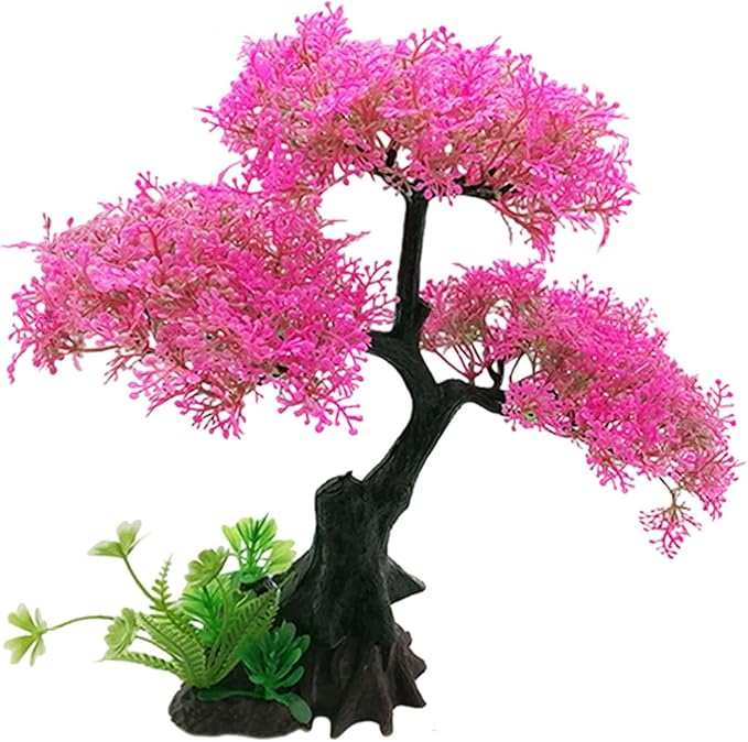 Aquarium Artificial Plants Decor, Cherry Blossom Tree with Grass Set, Pink Plastic, 9.44x3.54x2.75 Inches, for Nature Underwater Landscape (Pink-B)