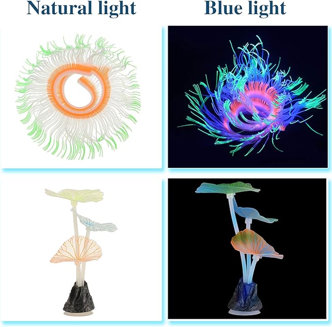 Weewooday 57 Pieces Glowing Fish Tank Decorations Plants with Simulation Silicone Coral Glowing Jellyfish Lotus Leaf Changeable Green Sea Anemone Luminous Stones for Aquarium Fish Tank Ornament