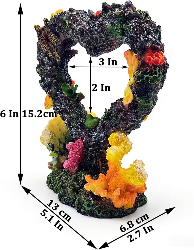 Heart Shaped Aquarium Coral Ornament, Resin Fish Tank Decoration with Realistic Coral & Moss, Safe for Freshwater/Saltwater Aquariums, Aquascaping Hideout for Small Fish and Shrimp