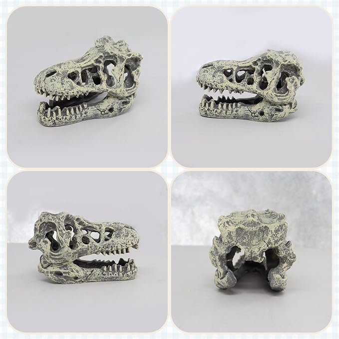 WishLotus Skull Aquarium Hides Decor, Resin Dinosaur Fish Hideout for Little Shrimp Betta Goldfish and Reptiles (Dinosaur Head)