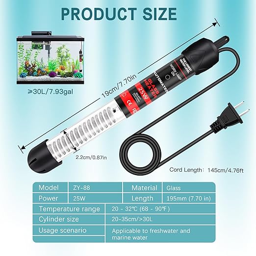 Adjustable Aquarium Heater Aquarium Heater,Submersible Adjustable Fish Tank Heater 25W,Rotatable and Adjustable Temperature Control, Used for 8 Gallon