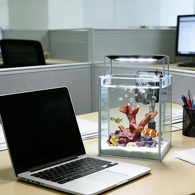 Ultra White Glass Aquarium Starter Kits 1.5 Gallon Small Fish Tank, Betta Fish Tank with LED Light, Power Filter, for Home Office Deco, 4mm Glass