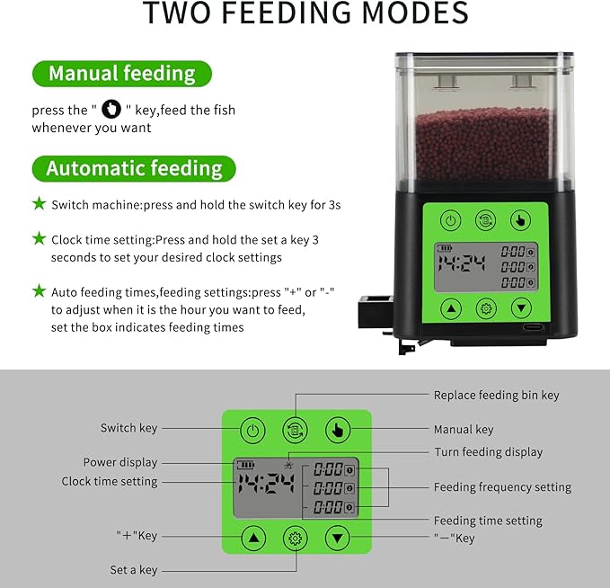 Podazz Automatic Fish Feeder for Aquarium with Timer, LCD Display 320ML Large Capacity Adjustable Fish Dispenser, Operated Feeders for Goldfish, Turtle for Vacation, Weekend or Daily Use(Green)