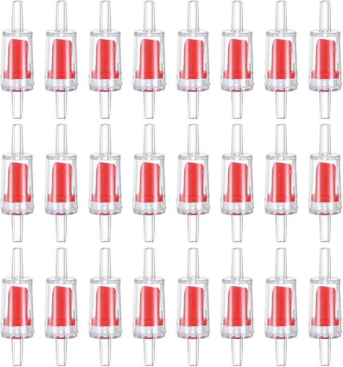 M METERXITY 24-Pack Aquarium Air Check Valve, Plastic One Way Non-Return Valves Air Valve Air Tubing Accessories Air Pump Accessories for 3/16" Airline Tubing Fish Tank [Clear Red]