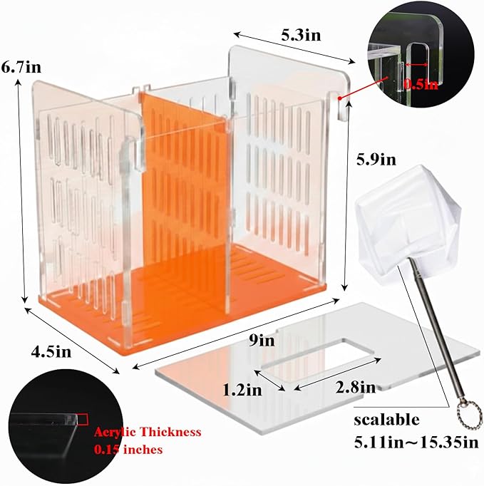 Fish Breeder Box for Aquarium, Acrylic Hatchery Incubator with Long Handle Net - Breeding & Isolation Box for Baby Fish, Shrimp, Betta Guppy, Tank Divider (Orange, 9x5.3x6.7 in)
