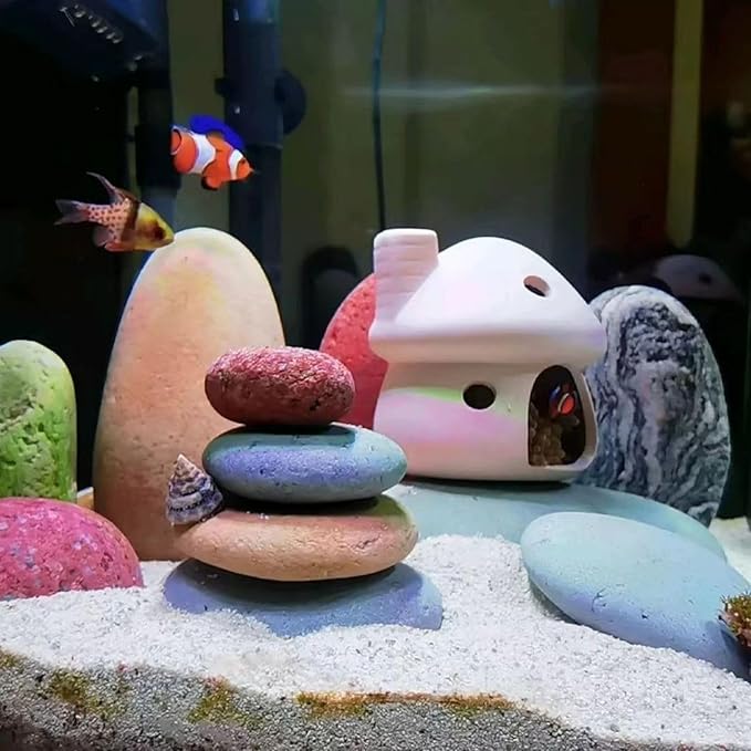 RUIAN Aquarium Mushroom House Decorations with Betta Fish Cave, Ceramic Cichlid Caves for Aquarium, Fish Tank Decoration, Syrian Hamster (White)