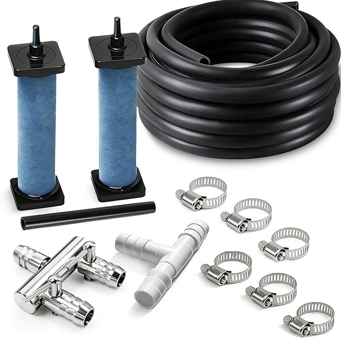 POPOSOAP Pond Aerator Accessories Kit, 52.4 Ft Flexible Black Pond Aerator Tubing with 2-Way Splitter & 2 Air Stones for Ponds, Fish Tanks, Aquariums, Septic Tanks (10mm ID) P802