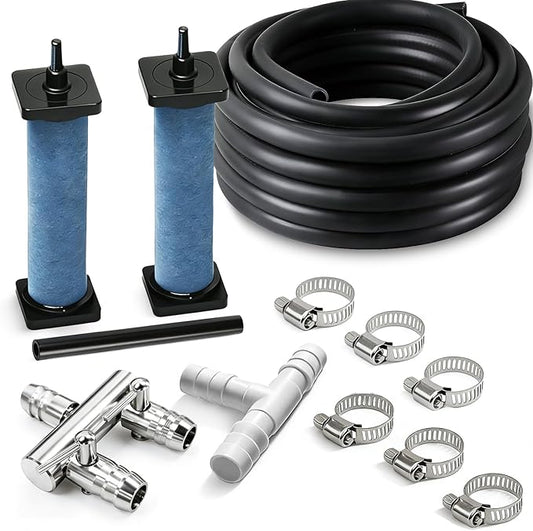 POPOSOAP Pond Aerator Accessories Kit, 52.4 Ft Flexible Black Pond Aerator Tubing with 2-Way Splitter & 2 Air Stones for Ponds, Fish Tanks, Aquariums, Septic Tanks (10mm ID) P802
