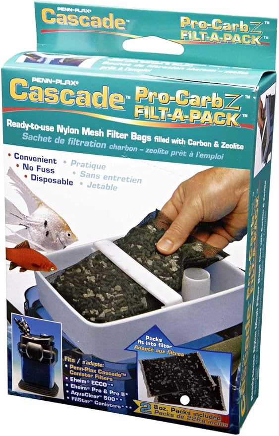 Penn-Plax Cascade Pro-Carb Z Filt-A-Pack, 2 Pack - Mixed Carbon & Zeolite Aquarium Canister Filter Media Bags - Pre-Bagged Nylon Mesh Replacement for Cascade, Freshwater & Saltwater Tanks - 8 Ounce