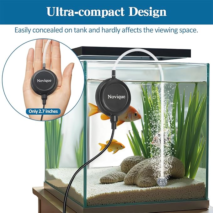 Nano Ultra Quiet Aquarium Air Pump 1.5W Mini Oxygen Aerator with Accessories for 1-15 Gallon Fish Tank Super Silent Black