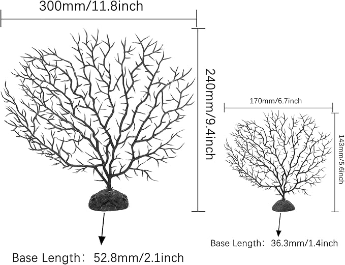 Piutouyar 2Pcs Sea Fan Coral Decorations, Black Simulation Sea Coral Branch for Aquarium Ornament Fish Tank Landscape (11.8inch+6.7inch)