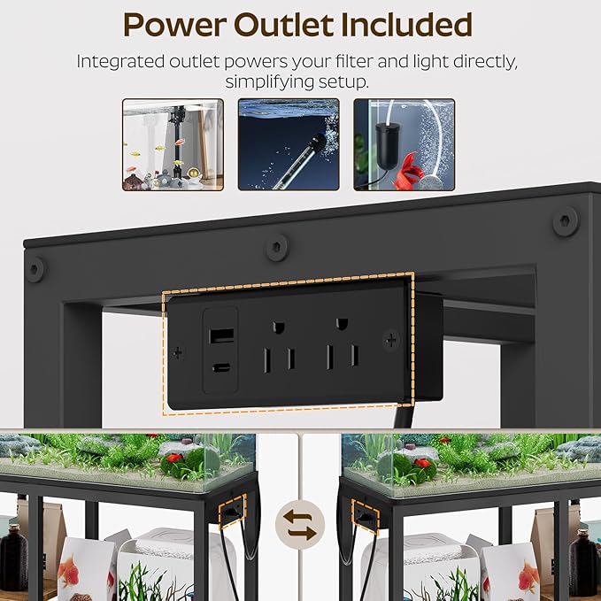 YATINEY 20-29 Gallon Fish Tank Stand with Power Outlet, Aquarium Stand Storage Organizer, Heavy Duty Terrarium Stand for Living Room, Home Office, Black and Rustic Brown FT01UBR