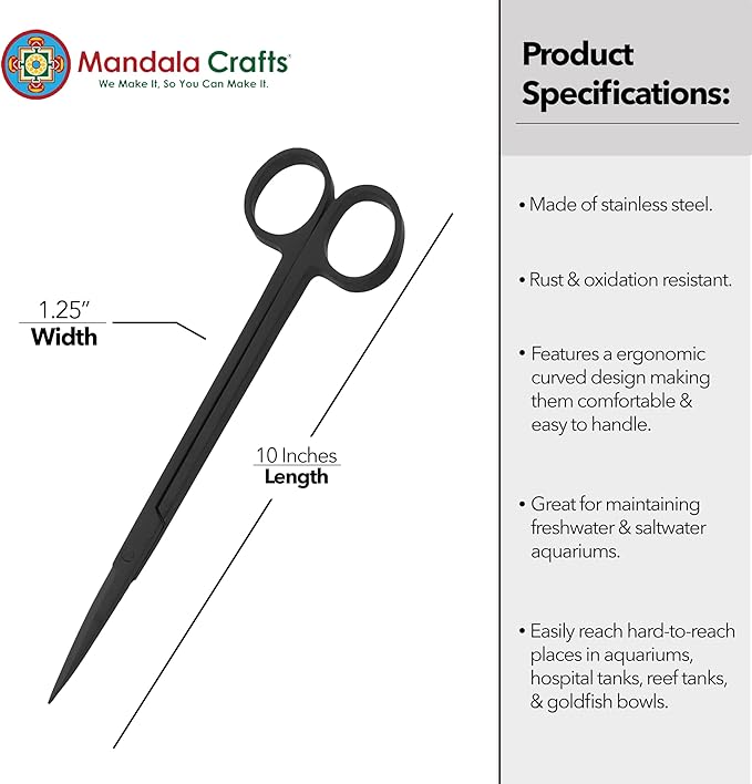 Mandala Crafts 10 Inches Black Stainless Steel Straight Aquarium Scissors for Trimming Aquatic Plants – Long Aquascape Scissors for Fish Tanks, Hospital Tanks, Goldfish Bowls, and Terrariums