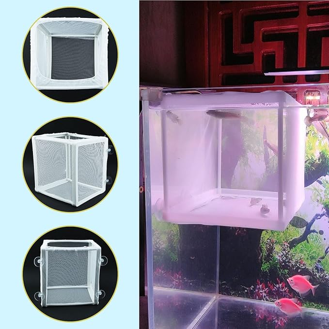 MY MIRONEY 6.3" x 5.63" x 6.22" Fish Incubator Mesh Box Aquarium Breeder Box White Nylon Mesh Juvenile Fish Separation Net Fry Hatchery with Suction Cups Pack of 2