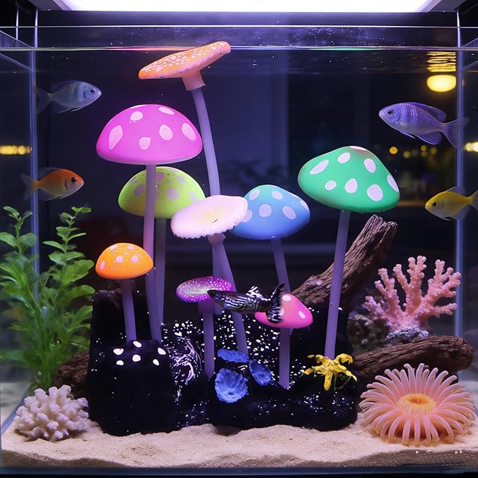 Swaying Coral Decor Set - 4-Pack: String, Starry, Feather & Mushroom Soft Silicone Aquarium Ornaments with Lifelike Motion for Freshwater & Saltwater Fish Tanks, Safe Fish Shrimp Habitat