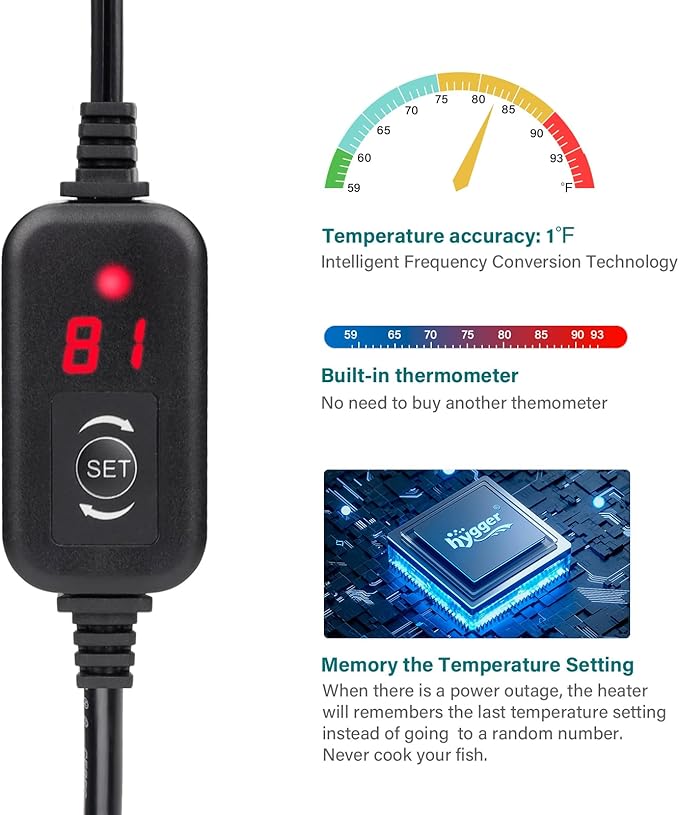 hygger Submersible Aquarium Heater, 100W 150W 200W 300W Adjustable Fish Tahk Heater with Temperature Controller, LED Display, Small Aquarium Betta Heater for up to 20/26/40/48 Gallons