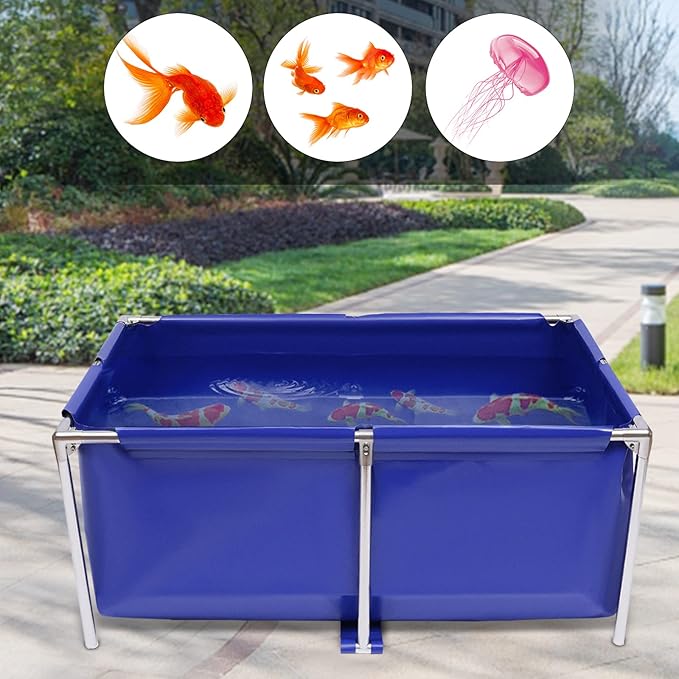 Canvas Above Ground Fish Pond, Portable Foldable Fish Tank Koi Breeding Pond Outdoor Indoor Canvas Aquaculture Pond with Drain Valve for Fish Shrimp Lobster Breeding