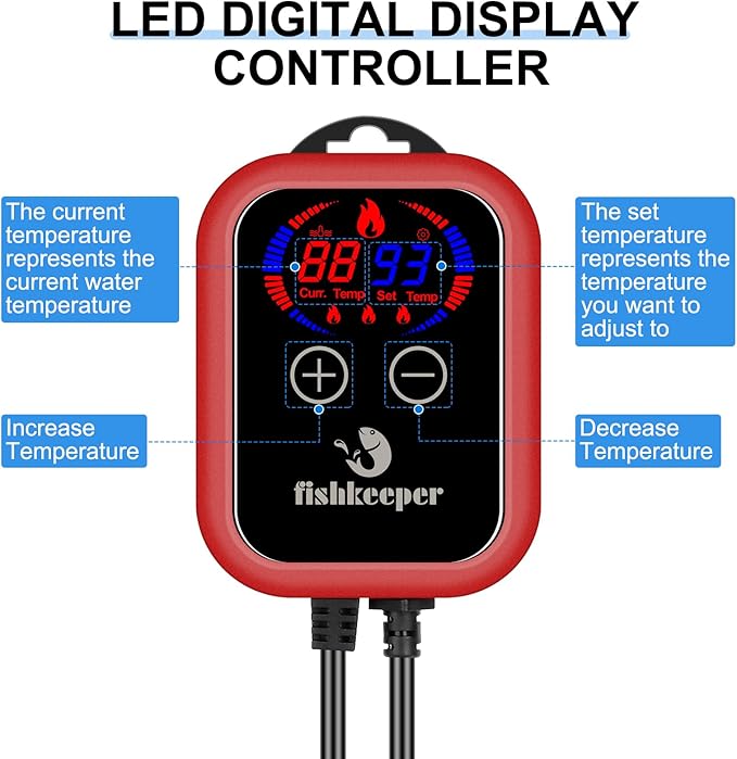 fishkeeper Aquarium Heater, 1000 W Adjustable Fish Tank Heater with Digital Display Controller, Submersible Water Heater with Over-Temperature Protection for Saltwater Freshwater 106-264 Gallon