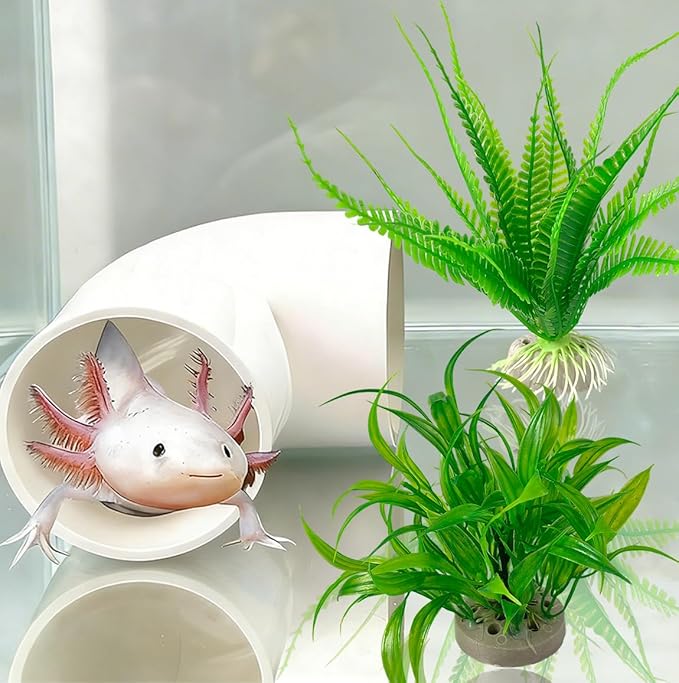 Axolotl Hide Tube and 2 Artificial Plants for Aquarium, Axolotl Cave and Aquatic Plant Set, Aquarium Decor Set, Safe Hide Tube & Green Plants for Axolotl, Fish, Turtles ,Fish, Tank Decorations Accesso
