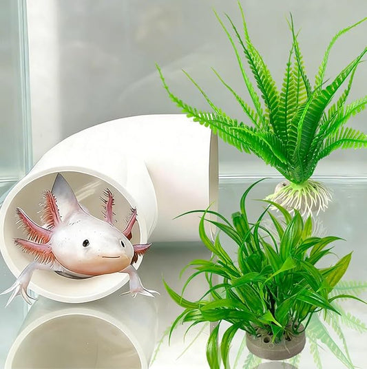 Axolotl Hide Tube and 2 Artificial Plants for Aquarium, Axolotl Cave and Aquatic Plant Set, Aquarium Decor Set, Safe Hide Tube & Green Plants for Axolotl, Fish, Turtles ,Fish, Tank Decorations Accesso