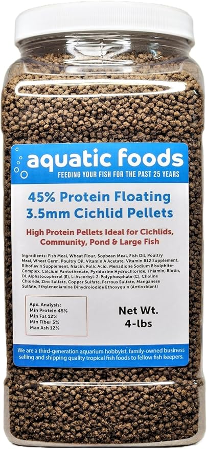 Cichlid Pellets, 45% Protein Floating 3.5mm (9/64") Pellets for Discus,Oscars, Central American, South American Cichlids…4-lb Lg Jar
