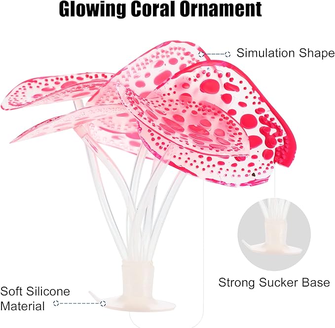 VOCOSTE Soft Silicone Glowing Aquarium Simulation Coral with Sucker, Fluorescence Aquatic Artificial Water Plants for Fish Tank Decoration, Pink