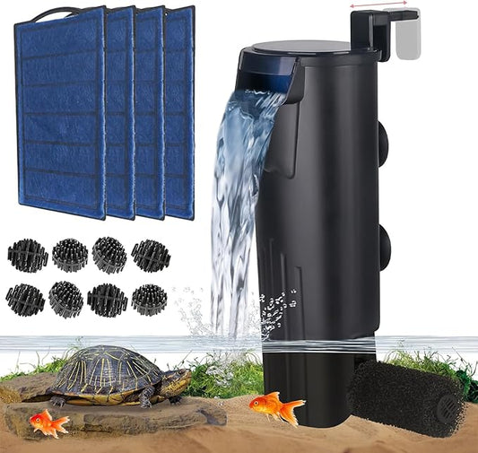 TARARIUM Turtle Tank Filter Aquarium Internal Filter add 4 Filter Plate for 3 to 20 Gallon Fish Tank, Bio-Filtration Low Water Level Small Power Canister Filter, Frog Shrimp Newt Betta Water Clean