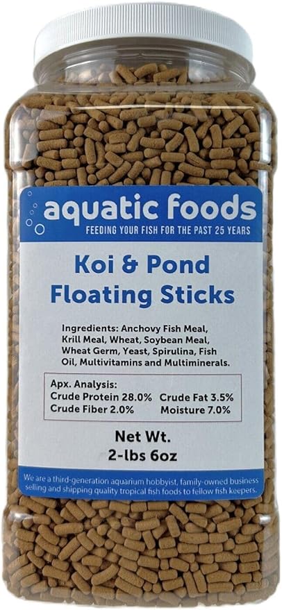 Koi 7/16" x 5/32" 28% Protein Floating Sticks for Koi, Goldfish, All Pond Fish, All Aquatic Turtles...WL 2-lbs 6oz Lg Jar