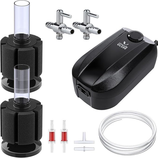Pawfly Aquarium Air Pump, Fish Tank Air Pump, Quiet Adjustable Oxygen Pump with Mini Sponge Filter, Airline Tubing & Accessories, for 5-200 Gallon Fish Tank