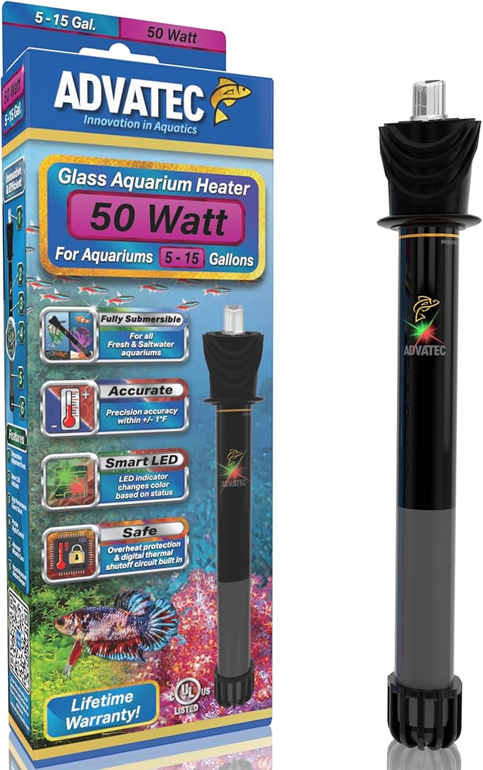 Glass Aquarium Heaters with Advanced LED Temperature Control System - for Fresh & Saltwater Aquariums (50 Watts / 5-15 Gallons)