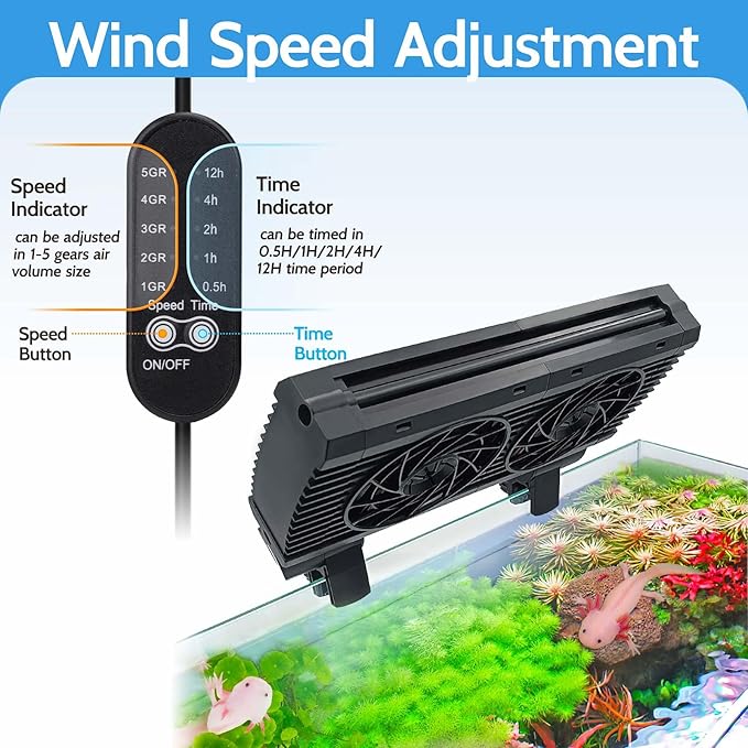 Upgrade Aquarium Fan with Memory Function,Fish Tank Cooling Fan,Aquarium Cooler Water Chiller for Axolotl Betta Fish Accessories with Adjustable Speed and Timer