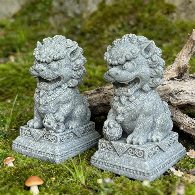 livelyfish Asian Fu Foo Dogs Statues Mini Pair of Two Guardian Lion Sandstone Figurine Pets Fish Tank Aquarium Landscape Ornaments Accessories Feng Shui Decorations (G)