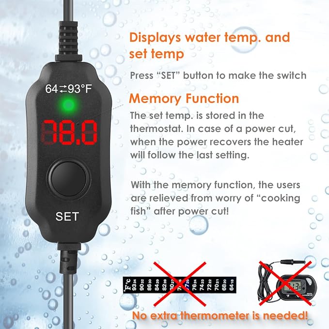 25W Compact Aquarium Heater for 3-5 Gallon Tanks | Super Short Submersible Fish Tank Heater with LED Digital Thermostat, Dry-Run & Overheat Protection, Memory Function