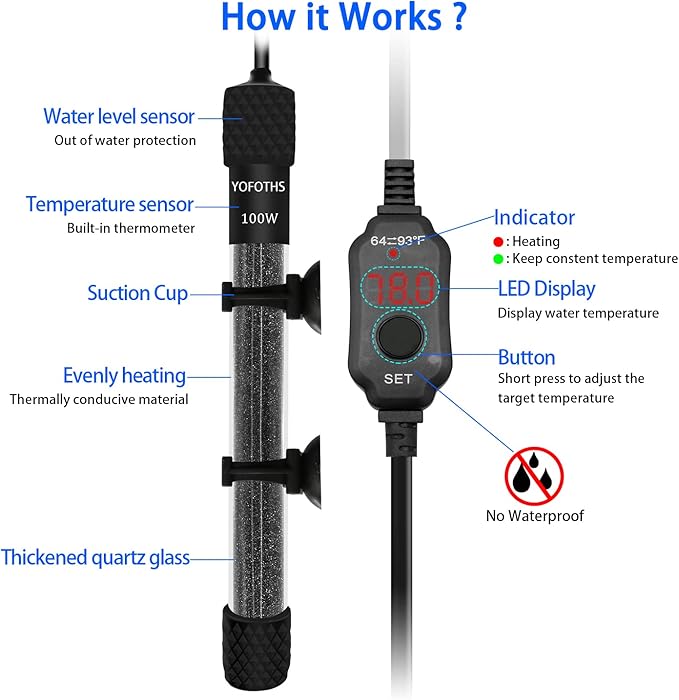 YOFOTHS Adjustable Mini Aquarium Heater 10-20 Gallons Submersible Small Fish Tank Heater 100W Digital Display Thermostat External Temperature Controller (100W)