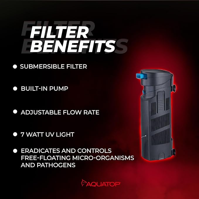 Aquatop 72-126 GPH Internal Filter - Submersible Filter - Includes Replaceable Filter Sponge - Ideal for Tank or Sump - Adjustable Flow Rate