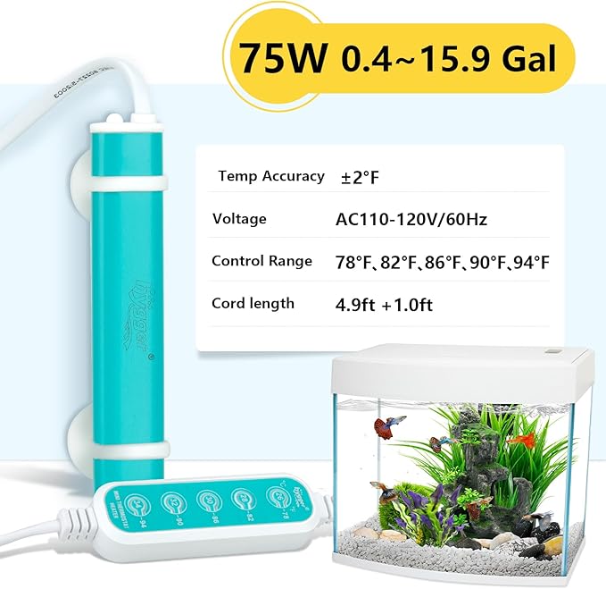 hygger Mini Submersible Aquarium Heater, Turtle and Betta Fish Tank Heater with Five-Key External Controller 78℉、82℉、86℉、90℉、94℉ for Freshwater Small Tank