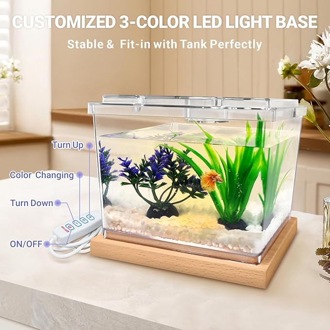 MoonOrange Mini Betta Fish Tank Kit with LED Light Base, Small Fish Bowl for Temporary Space, 0.2 Gallon Stackable Cube Tank with Artificial Plants for Small Fish, Insect, Shrimp, Crab, Spider (Kit-2)