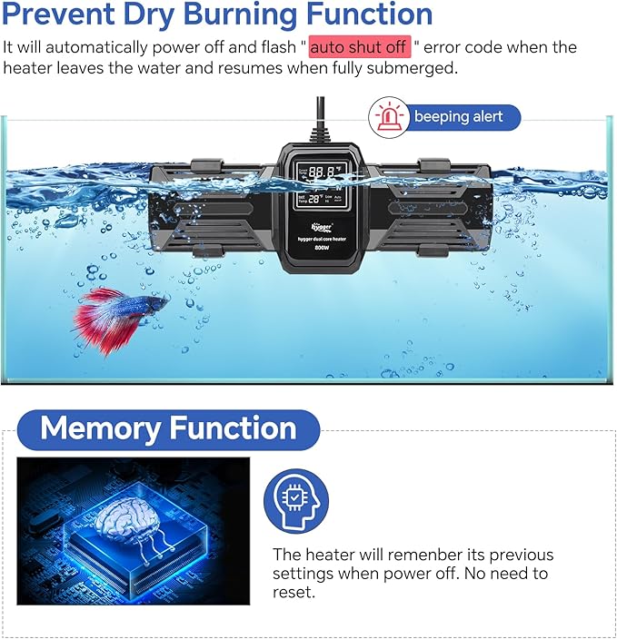 hygger Aquarium Heater, 500W 800W 1000W Submersible Fish Tank Heater with LED Digital Display Over-Temperature Protection and Automatic Power-Off, for Saltwater and Freshwater Tank up to 240 Gallon
