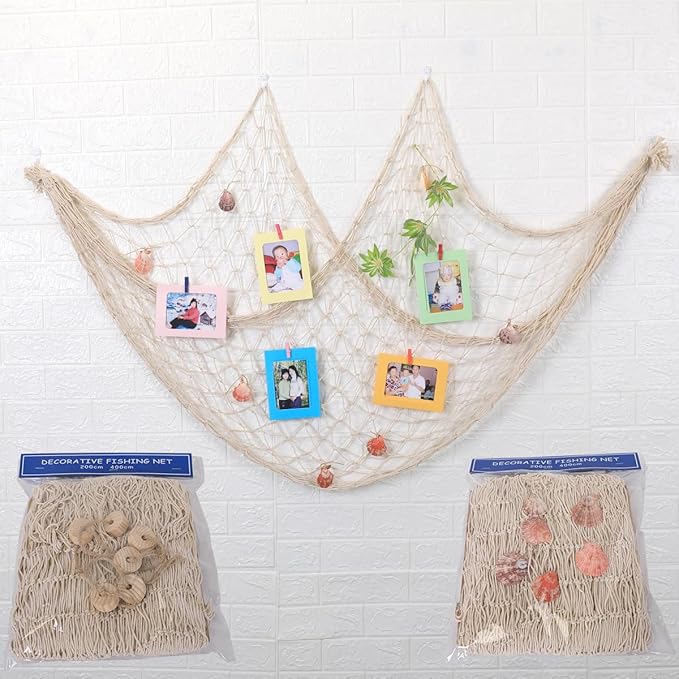 Fish Net Decorations for Party, Natural Cotton Hawaiian Party Large Fishing Net Decorative 78 x 59 Inch, Nautical Themed Cotton Fishnet with 9 Shells for Birthday Wedding Ocean Beach Decor