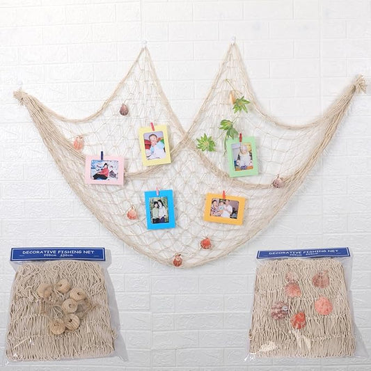 Fish Net Decorations for Party, Natural Cotton Hawaiian Party Large Fishing Net Decorative 78 x 59 Inch, Nautical Themed Cotton Fishnet with 9 Shells for Birthday Wedding Ocean Beach Decor