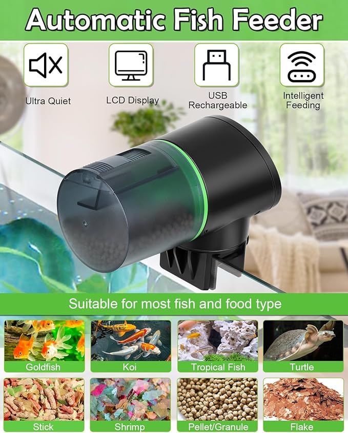 Automatic Fish Feeder - Rechargeable Timer Fish Feeder with USB Charger Cable, Fish Food Dispenser for Aquarium or Fish Tank