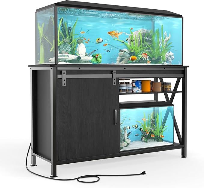 Aquarium Stand for Fish Tank: 55-75 Gallon Fish Tank Stand with Sliding Door - Heavy Duty Metal Aquarium Table with Power Outlet - 2-Tier Breeder Turtle Reptile Terrarium Stand for Home & Office